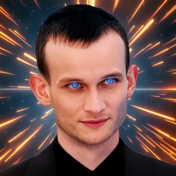 A young man with striking blue eyes and short dark hair wears a black shirt against a dynamic cosmic background of streaking orange light rays. The image appears to be an AI-generated portrait, likely representing a figure from the crypto/blockchain community referenced in the accompanying post about Adam Back, Charles Hoskinson, and Vitalik Buterin's early Ethereum discussions.