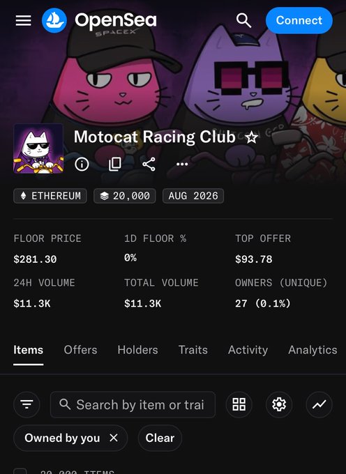 OpenSea page showing the Motocat Racing Club NFT collection on Ethereum with 20,000 items, floor price of $281.30, and 27 unique owners.