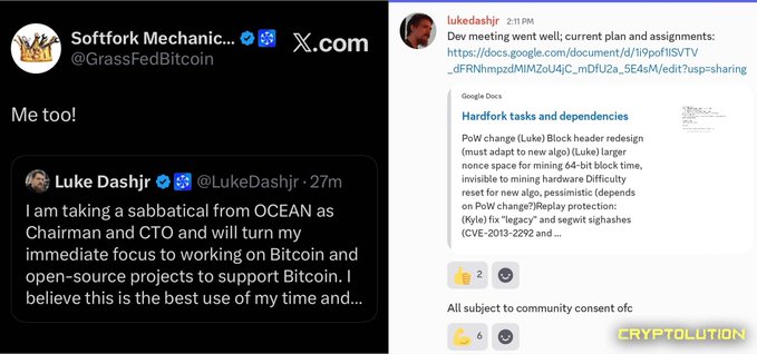 A screenshot of tweets from X.com shows Luke Dashjr (@LukeDashjr) announcing his sabbatical from OCEAN as Chairman and CTO, and a reply from @GrassFedBitcoin saying 'Me too!', with a Google Doc linked about 'Hardfork tasks and dependencies'.