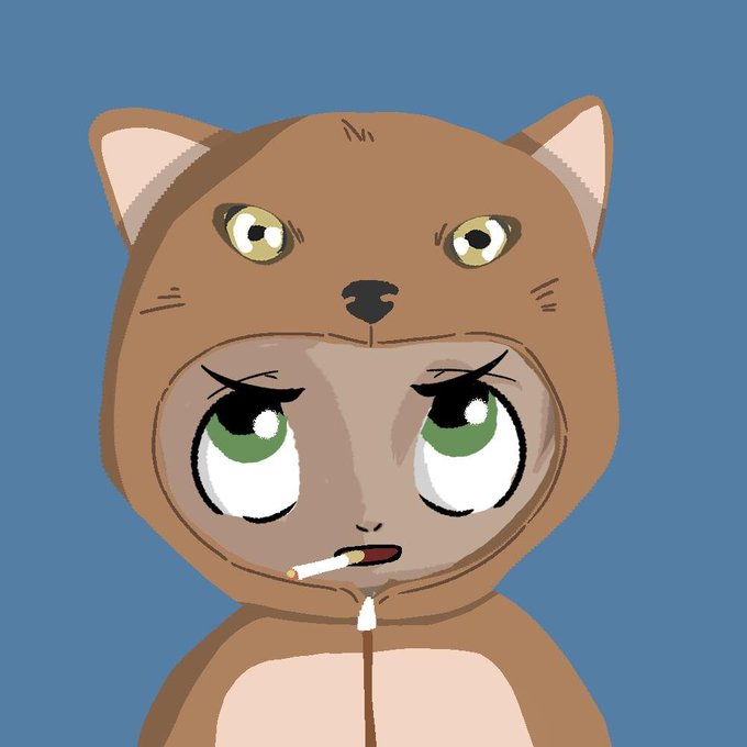 A cartoonish character wearing a brown cat-like hoodie with large green eyes and a cigarette dangling from its mouth is pictured against a blue background, promoting an upcoming NFT mint on OpenSea with a 3.5-hour countdown and limited guaranteed spots available.