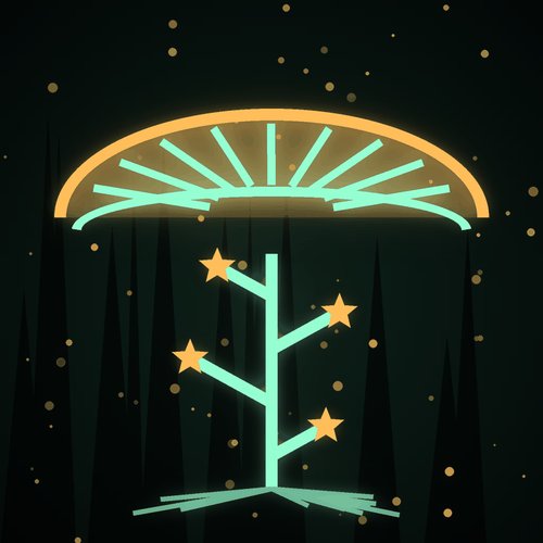 A stylized digital illustration depicts a glowing green tree-like plant with orange stars among dark pine trees under a glowing semicircular sun or moon against a dark night sky.