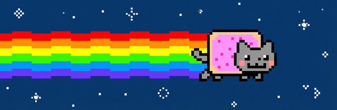 Pixel art of the Nyan Cat, a gray cat with a pink Pop-Tart body, leaving a rainbow trail against a starry night sky.