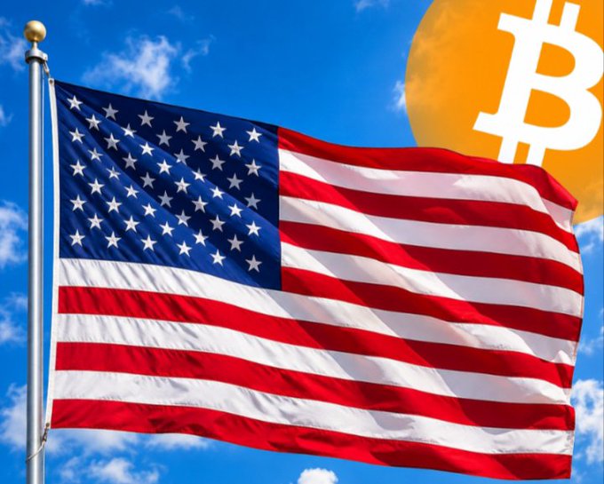 An American flag waves against a blue sky with the Bitcoin logo visible in the upper right corner, symbolizing the growing mainstream and institutional adoption of Bitcoin in the United States as reflected in the $3 billion in net inflows to spot Bitcoin ETFs.