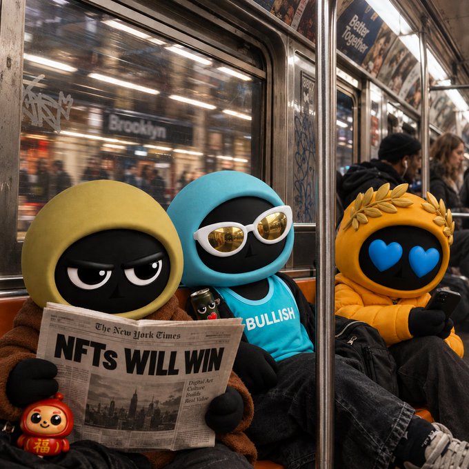 Three round-faced cartoon characters (resembling Moonbirds) in hoodies sit on a subway train; one reads a newspaper with the headline "The New York Times NFTS WILL WIN," another wears a "BULLISH" shirt, and a small Maneki-neko sits nearby.