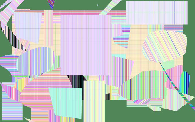 An abstract digital artwork or glitch-style image featuring geometric shapes, vertical stripes, and pastel colors including pink, green, blue, and yellow against a green background.