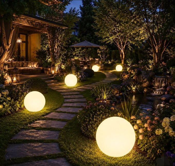 The image features a garden with several large white balls of light placed throughout, creating an enchanting atmosphere. The garden path is lined with flowers and trees, leading visitors towards a house or building at the end of the path. A bench can be seen near the entrance of the garden, providing a place to sit and enjoy the serene surroundings. The post accompanying this image contains text that reads "GN Frens It' s time to drift off, See y'll on Friday Say GN back @quipnetwork | @useTria | @TheArcTerminal".