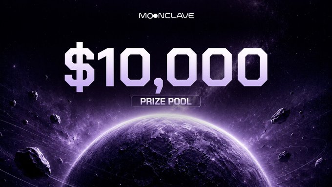 A promotional graphic displaying '$10,000 PRIZE POOL' in large white text against a purple cosmic background with the 'MOONCLAVE' logo at the top.
