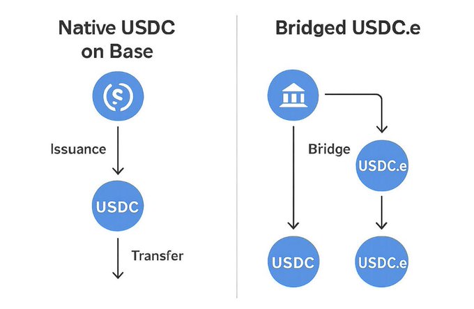 An infographic comparing 'Native USDC on Base' (Issuance to USDC, then Transfer) with 'Bridged USDC.e' (Bridge from USDC to USDC.e).