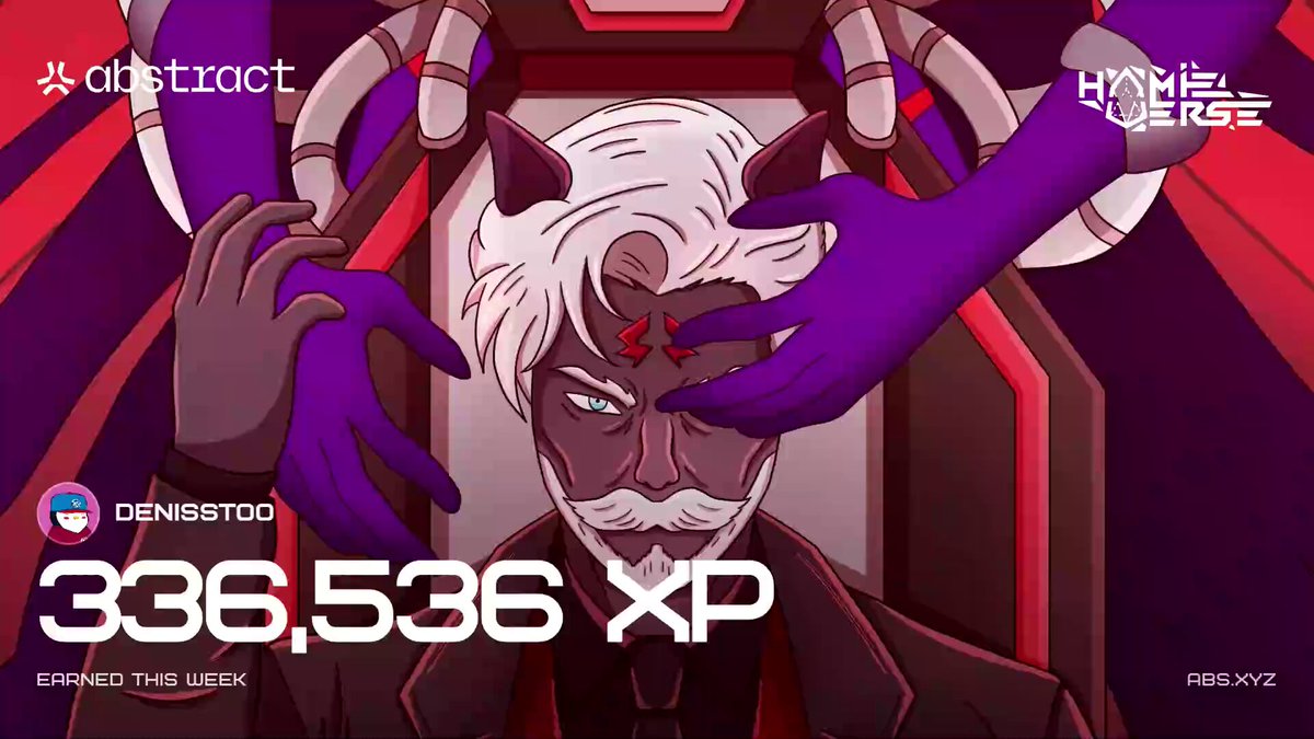 The image features an abstract graphic design with purple, black, and white colors. The main focus of the image is a man's face wearing purple gloves, which has been rendered in a cartoon style. The caption below the image reads "The XP Cards from @AbstractChain XP! Maybe it will give me luck in the raffle!".