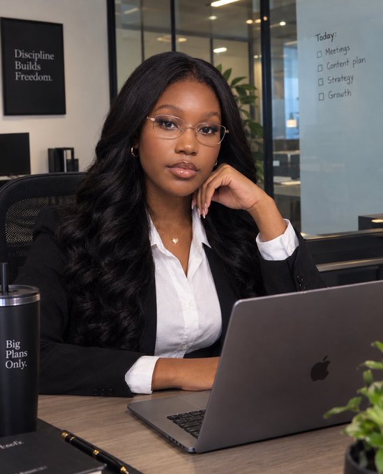 A professional woman wearing glasses and a blazer sits at a desk with a laptop and a 'Big Plans Only' tumbler. Behind her are signs reading 'Discipline Builds Freedom.' and a 'Today:' checklist.