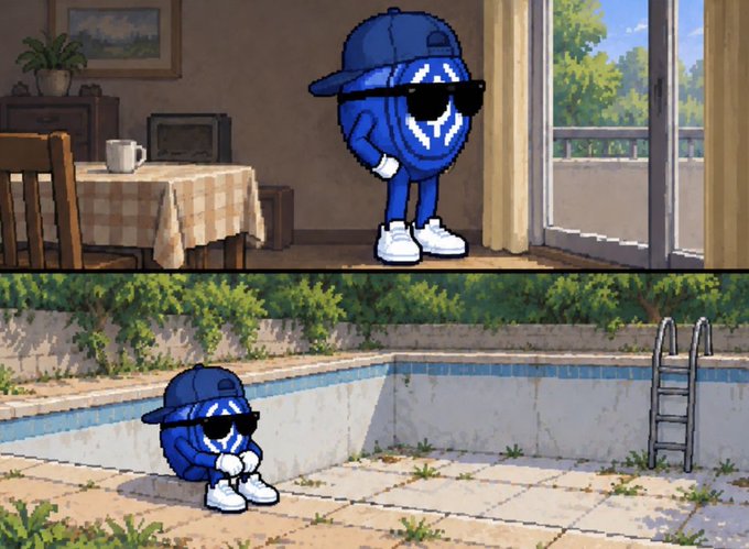 A blue cartoon character wearing a cap and sunglasses stands confidently indoors before a scene transitions to it sitting dejectedly by an empty pool, echoing the 'This is Fine' meme format.