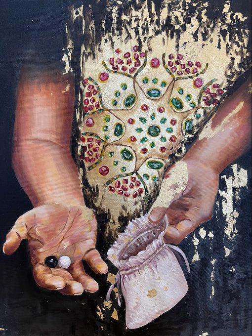 A painting shows a figure's hands holding small stones and an empty pink drawstring pouch, with an ornate, jewel-encrusted golden garment covering their torso.