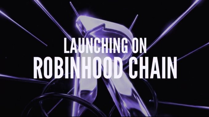 A dark promotional image with purple light streaks and metallic forms displays the text “LAUNCHING ON ROBINHOOD CHAIN.”