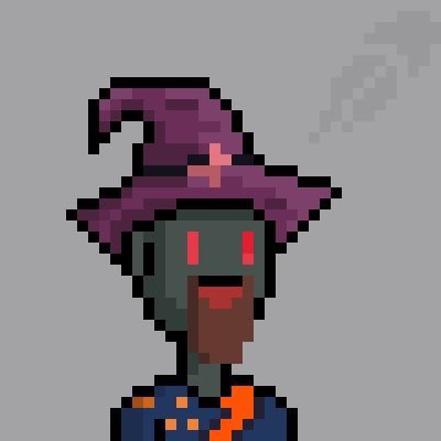 Pixel art of a green-skinned witch character wearing a pointed purple hat with a pink bow, red glowing eyes, and an open mouth with red tongue.