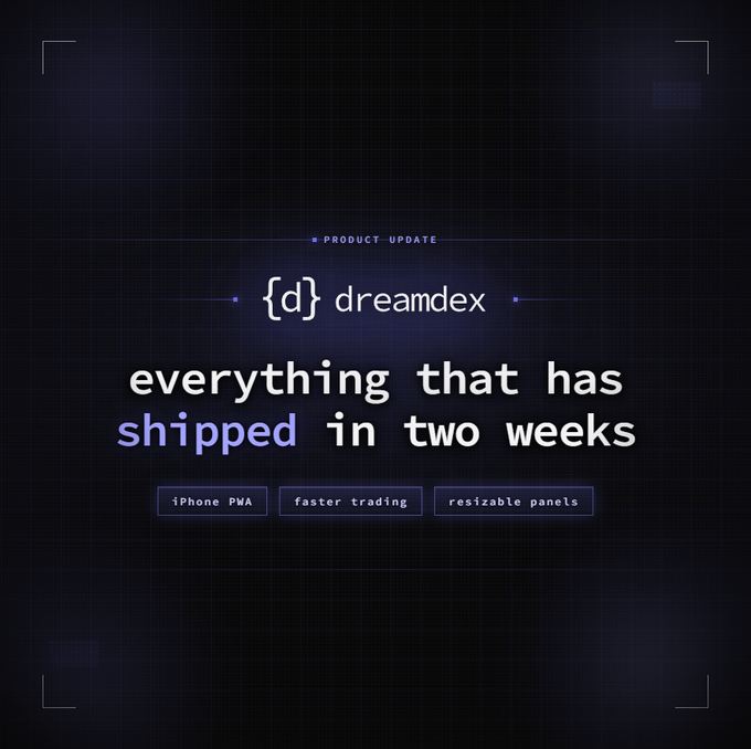 A dark promotional graphic for 'dreamdex' announcing a product update, highlighting that 'everything that has shipped in two weeks' with features: iPhone PWA, faster trading, and resizable panels.