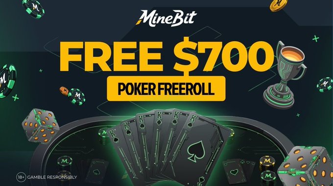A promotional advertisement for 'MineBit' offering a 'FREE $700 POKER FREEROLL' with imagery of playing cards, poker chips, and dice.