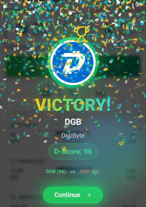 A digital victory screen displaying confetti, a trophy icon with the 'D' DigiByte logo, the text 'VICTORY!', 'DGB', 'DigiByte', and a D-Score of 96 showing DGB (96) vs XMR (64).