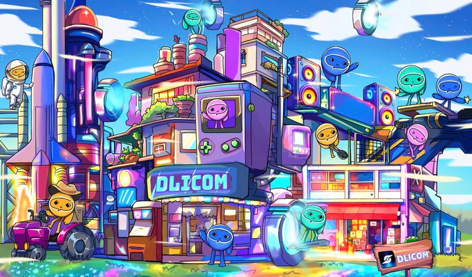 A colorful digital illustration of a futuristic cityscape called 'DLICOM' populated with cartoon blue alien/monkey characters.