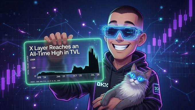 A cartoon-style man wearing digital glasses holds up a glowing screen reading 'X Layer Reaches an All-Time High in TVL' alongside a cat with glowing blue glasses, set against a backdrop of candlestick charts.