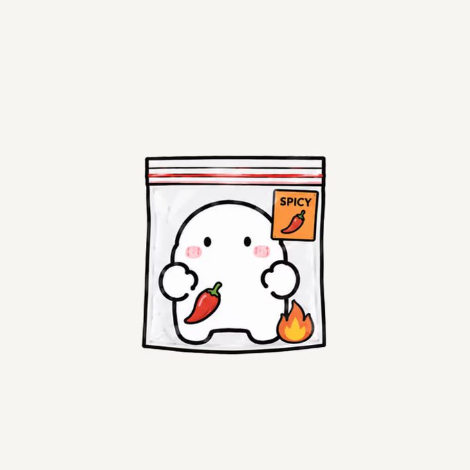 A cute cartoon character (Zuzu) is pictured inside a sealed plastic bag with a "SPICY" label and chili pepper icon, holding a chili pepper and sitting next to a flame, matching the post celebrating receiving a new spicy-themed collectible figure.