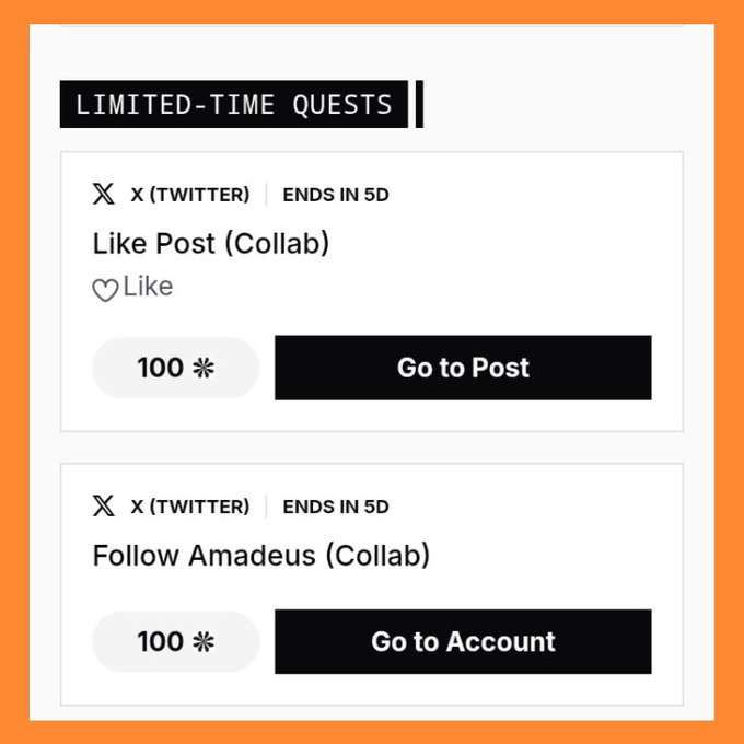 A 'LIMITED-TIME QUESTS' screen displays two X (Twitter) tasks with 5-day timers: 'Like Post (Collab)' and 'Follow Amadeus (Collab)', each rewarding 100 points with a 'Go to Post' or 'Go to Account' button.