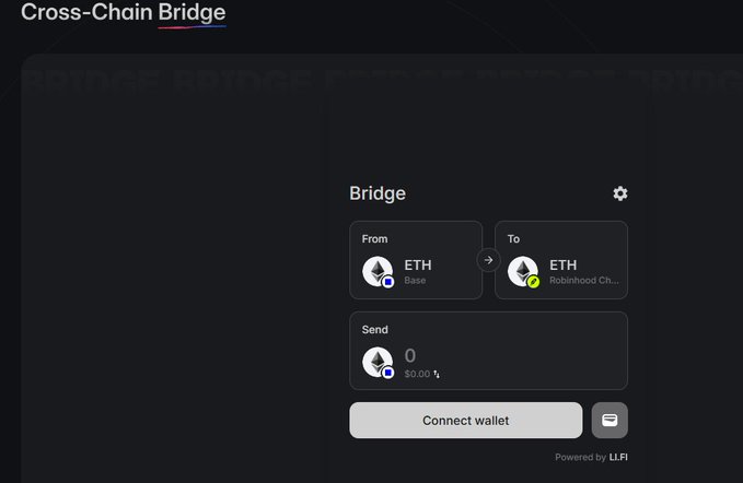 Screenshot of a cross-chain bridge interface showing the ability to send ETH from Base to Robinhood Chain, powered by LI.FI with a 'Connect wallet' button.