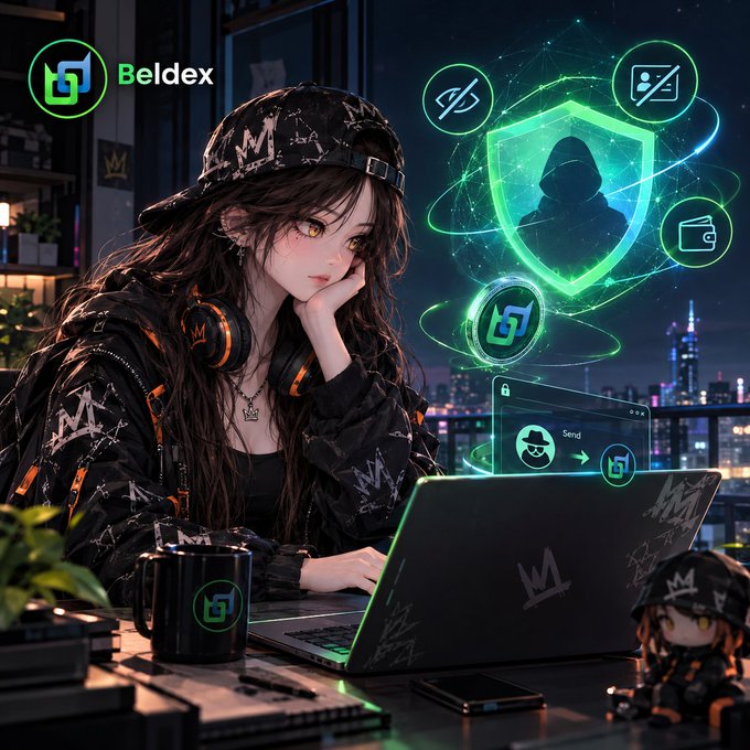 Anime-style illustration of a girl wearing a cap and headphones using a laptop at night, branded with the 'Beldex' logo and featuring security shield icons and cryptocurrency symbols.