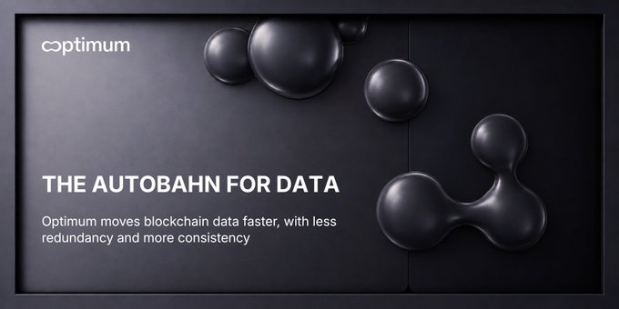 An Optimum advertisement with the tagline 'THE AUTOBAHN FOR DATA' promoting faster blockchain data movement with less redundancy and more consistency.