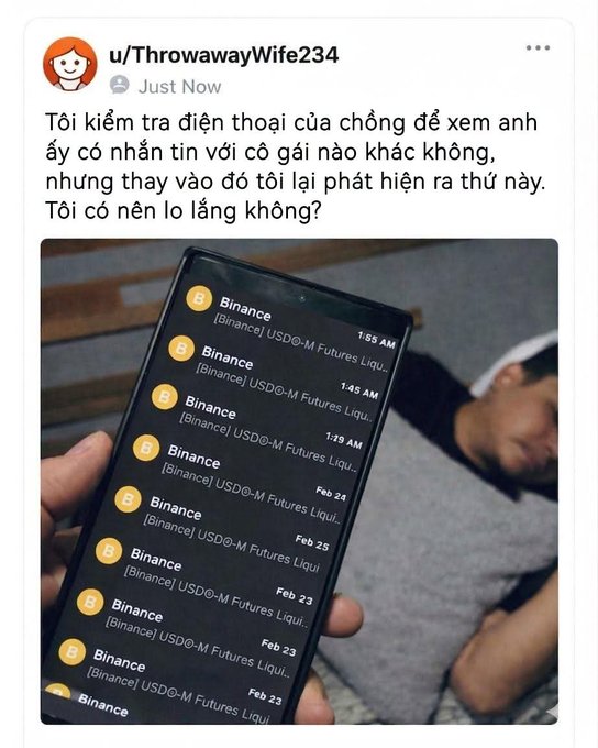 A Reddit post by u/ThrowawayWife234 in Vietnamese asks about finding Binance USDⓈ-M Futures Liquidation notifications on her husband's phone instead of messages from other women.