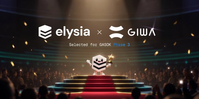 A promotional graphic announcing 'elysia x GIWA' selected for GASOK Phase 3, featuring a cartoon mascot holding a star on a red carpet stage.
