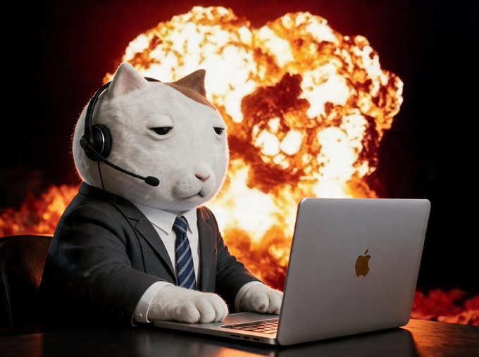 A white cat in a business suit and headset calmly works on an Apple laptop in front of a massive fiery explosion, symbolizing the "explosive" potential upside the post describes for JTX, KET on Solana, and the broader Solana ecosystem if KET becomes JTX's official mascot.