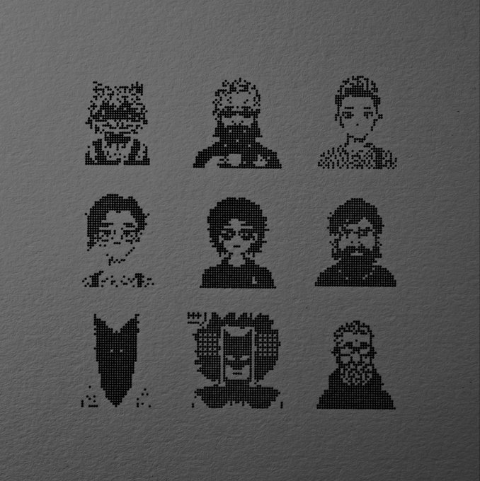 A collection of nine pixelated character portraits arranged in a 3x3 grid on a gray textured background, featuring various stylized figures with different hairstyles and facial features.