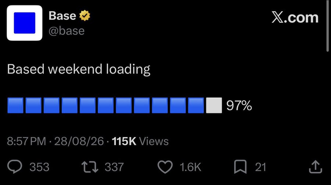 A tweet from @base shows a "Based weekend loading" progress bar at 97%, reflecting the accompanying note that $BASE is nearly fully loaded with 115K views, 1.6K likes, and stronger Sybil filtering expected in this round.