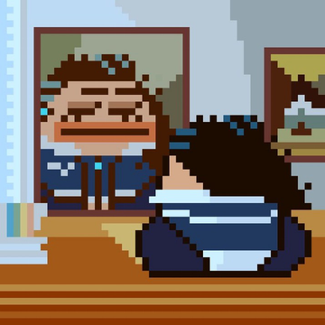 A pixel art scene showing two characters with brown hair in striped shirts, one facing forward with a content expression and another seen from behind, in what appears to be a restaurant or cafe setting.