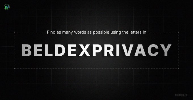 Word game challenge on beldex.io with instructions to find as many words as possible using the letters in 'BELDEXPRIVACY'.