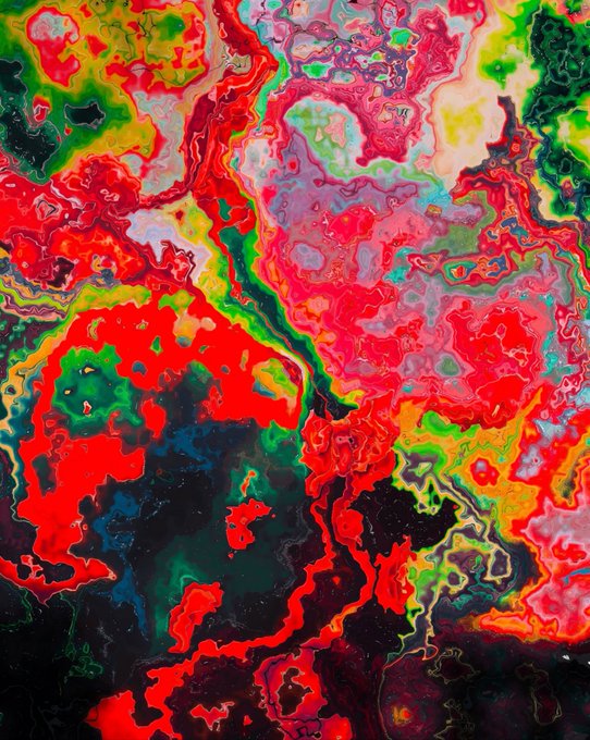 An abstract painting featuring swirling, marbled patterns of vibrant red, green, pink, yellow, and black colors resembling fluid art or psychedelic imagery.
