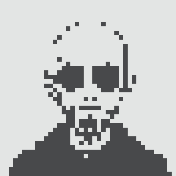 A pixelated, retro-style dark gray silhouette portrait of a person with glasses and a beard, possibly a stylized depiction of a historical figure.