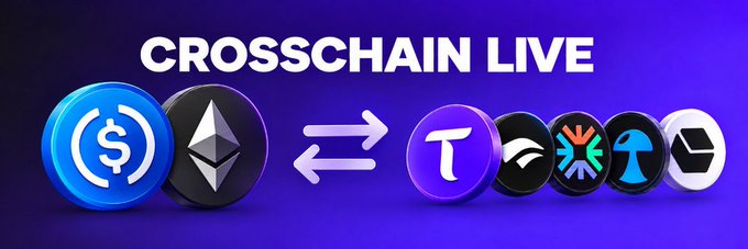 A promotional graphic with a purple background reads 'CROSSCHAIN LIVE' and shows cryptocurrency logos (USDC, Ethereum, etc.) being exchanged with other tokens including THETA, HBAR, VET, and CELO.