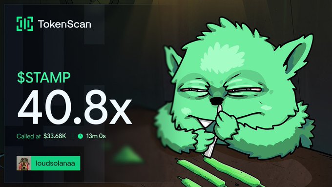 A TokenScan graphic for $STAMP showing a 40.8x call at $33.68K with 13m 0s remaining, featuring a cartoon green alpaca character snorting green powder lines, credited to 'loudsolanaa'.