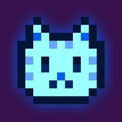 A pixel art illustration shows a glowing cyan cat-like face with blue accents against a dark background.