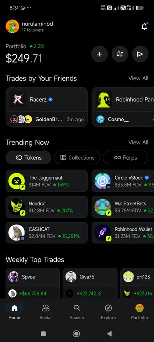 A screenshot of a mobile crypto portfolio app showing a balance of $249.71 for 'nurulamindb', with sections for 'Trades by Your Friends,' 'Trending Now,' and 'Weekly Top Trades.'