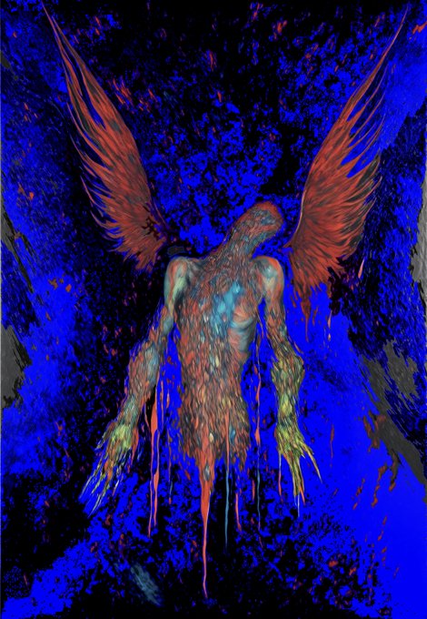 A striking digital artwork displays a winged humanoid figure with a feathery, textured body in shades of red, green, and blue, set against a vibrant splattered blue and black background, with the lower body appearing to melt downward.