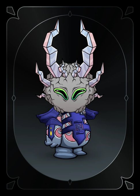 A stylized illustration of a small horned creature character with green glowing eyes, crystalline horns, and dark blue armor, displayed within an ornate frame against a dark background.