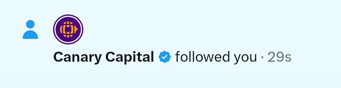 A social media notification screenshot showing 'Canary Capital' with a verified blue checkmark that has started following the user 29 seconds ago.