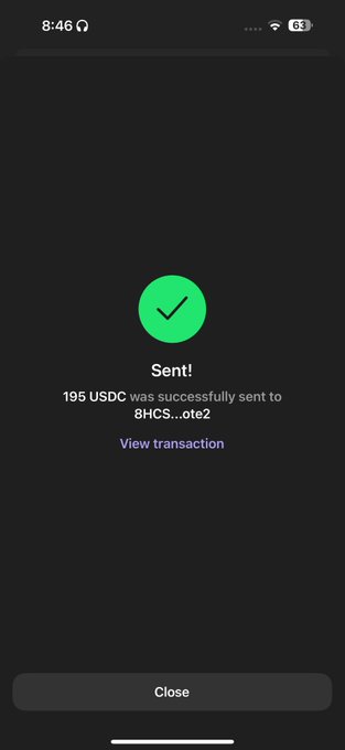 A screenshot of a successful transaction confirmation on a crypto wallet app, showing "Sent! 195 USDC was successfully sent to 8HCS...ote2" with a "View transaction" link and a "Close" button, which the poster uses as evidence to claim they sent $195 worth of crypto (though the app shows USDC, not SOL as mentioned in the post) to encourage followers to share their wallet addresses for similar giveaways.
