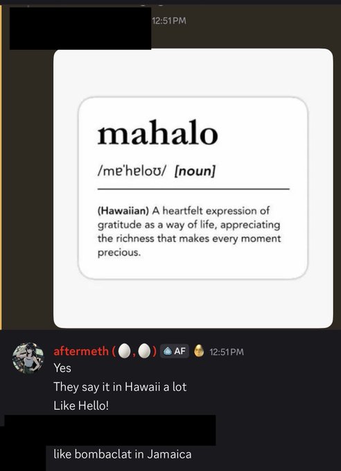 A Discord screenshot shows a dictionary entry defining "mahalo" as a Hawaiian expression of gratitude, with a user named "aftermeth" explaining it's used like a greeting in Hawaii, similar to "Hello" or Jamaican "bombaclat." The image relates to the post promoting a project called "Mahalo" on the Sui Network, using the word's cultural meaning of gratitude and appreciation as branding.