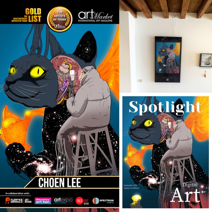Artwork by CHOEN LEE featured on 'Gold List Contemporary Artists of Today' and 'Art Market Spotlight' magazine covers, with an inset showing the artwork framed and hung on a gallery wall.