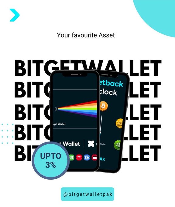 Promotional graphic for Bitget Wallet featuring two smartphone mockups displaying the app interface, with text 'Your favourite Asset,' 'BITGETWALLET' repeated as background, 'UPTO 3%' badge, and handle '@bitgetwalletpak'.