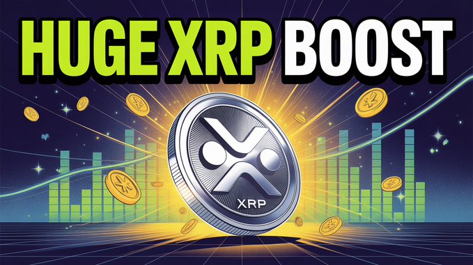 A promotional graphic featuring a large silver XRP coin surrounded by gold coins and a glowing green rising bar chart, with bold text reading "HUGE XRP BOOST" against a starry purple background. The image visually reinforces the post's optimistic message about significant incoming investment into XRP and Bitcoin.