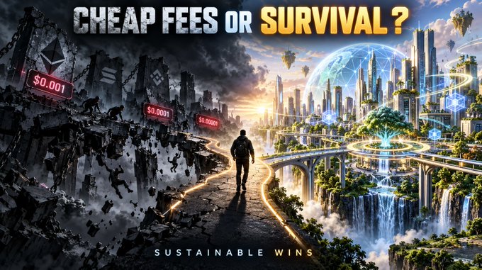 A futuristic graphic displays the text "CHEAP FEES OR SURVIVAL?" contrasting a dark, crumbling cityscape with a vibrant, eco-friendly utopia, with "SUSTAINABLE WINS" at the bottom.